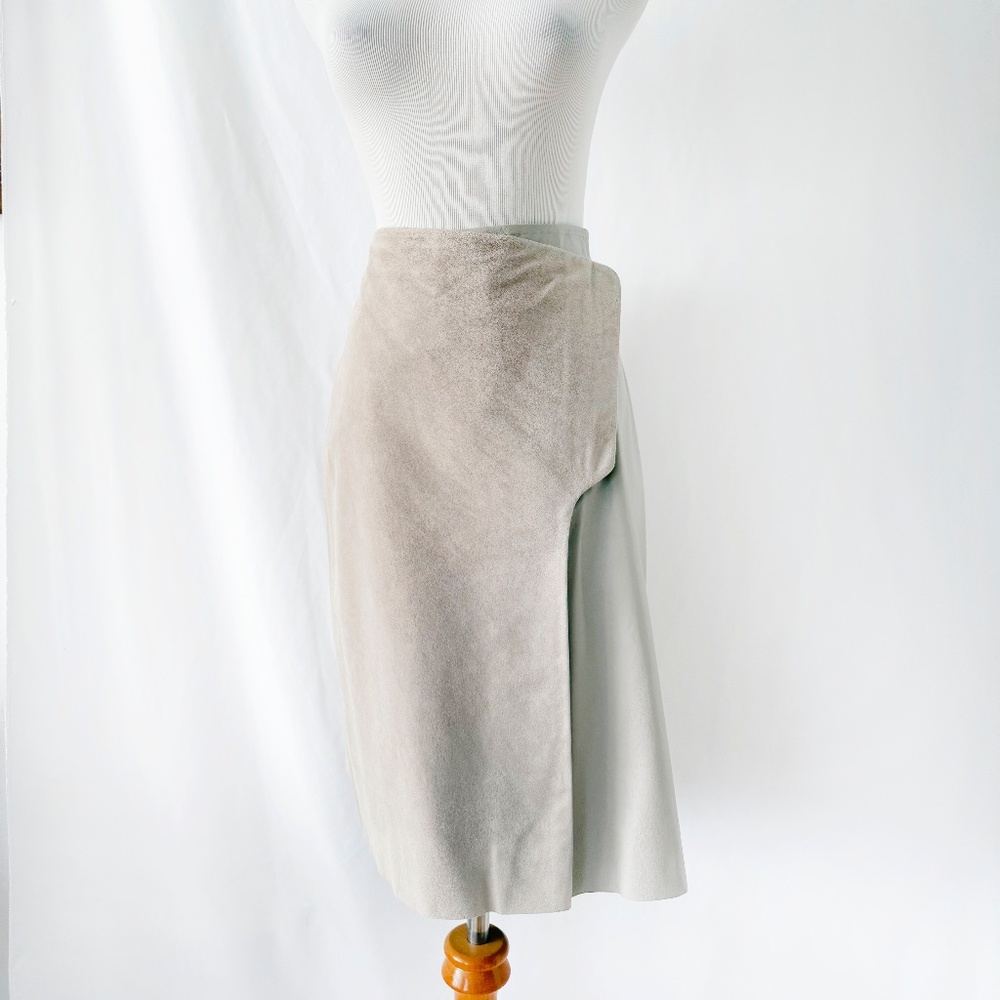 Light Gray Suede Leather Wrap Skirt, Midi, Medium